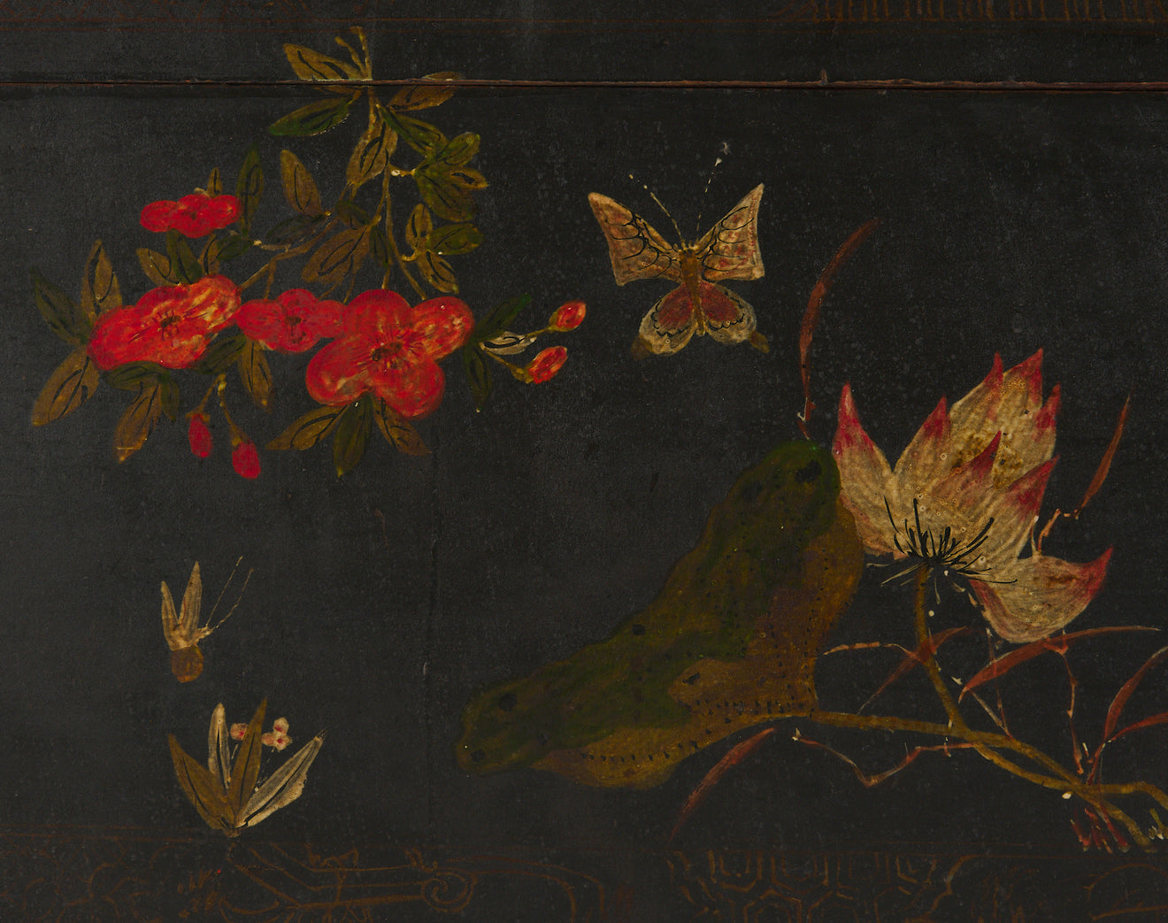 CHINESE LEATHER TRUNK WITH HAND PAINTED FLOWERS